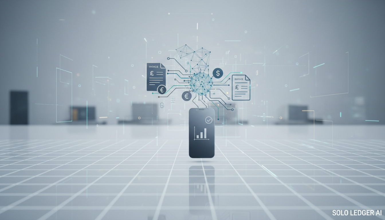 Composition of AI-inspired bookkeeping symbols: a bold, abstract neural network pattern in subtle blue-gray gradients merges with stylized invoice icons and a mobile device silhouette, all interconnected within a precise, grid-based layout. The environment is an immaculately clean, modern digital workspace background with understated depth and soft, even lighting creating faint shadow interplay. The mood is confident and cutting-edge yet reassuringly clear. Framed in a wide, panoramic crop with sharp focus throughout, this digital-art piece conveys the app’s intelligent automation and forward-thinking approach for solo entrepreneurs.