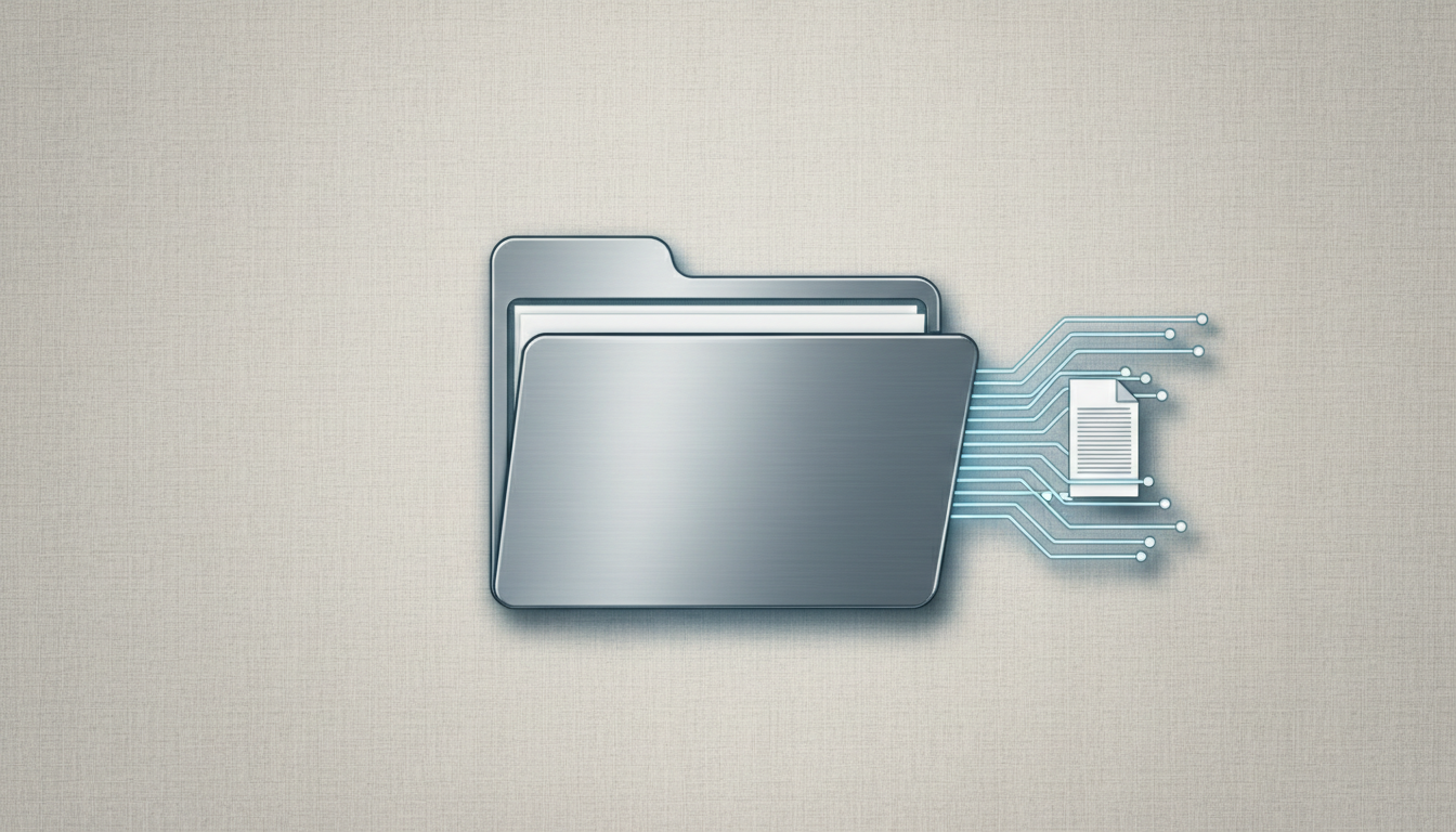 A streamlined folder icon in brushed steel finish, emitting faint digital lines that flow into tidy, stylized document stacks rendered in cool grayscale. Set against a gently textured, neutral background reminiscent of office textiles, the folder is centrally positioned for visual symmetry. Soft, cool frontal lighting produces gentle metallic highlights and crisp shaded edges, accentuating the folder’s clean lines. The image embraces a minimalist digital-art style, instilling a sense of order and security in business document management. Shot head-on, with balanced composition and subtle layering to enhance professionalism and trust.