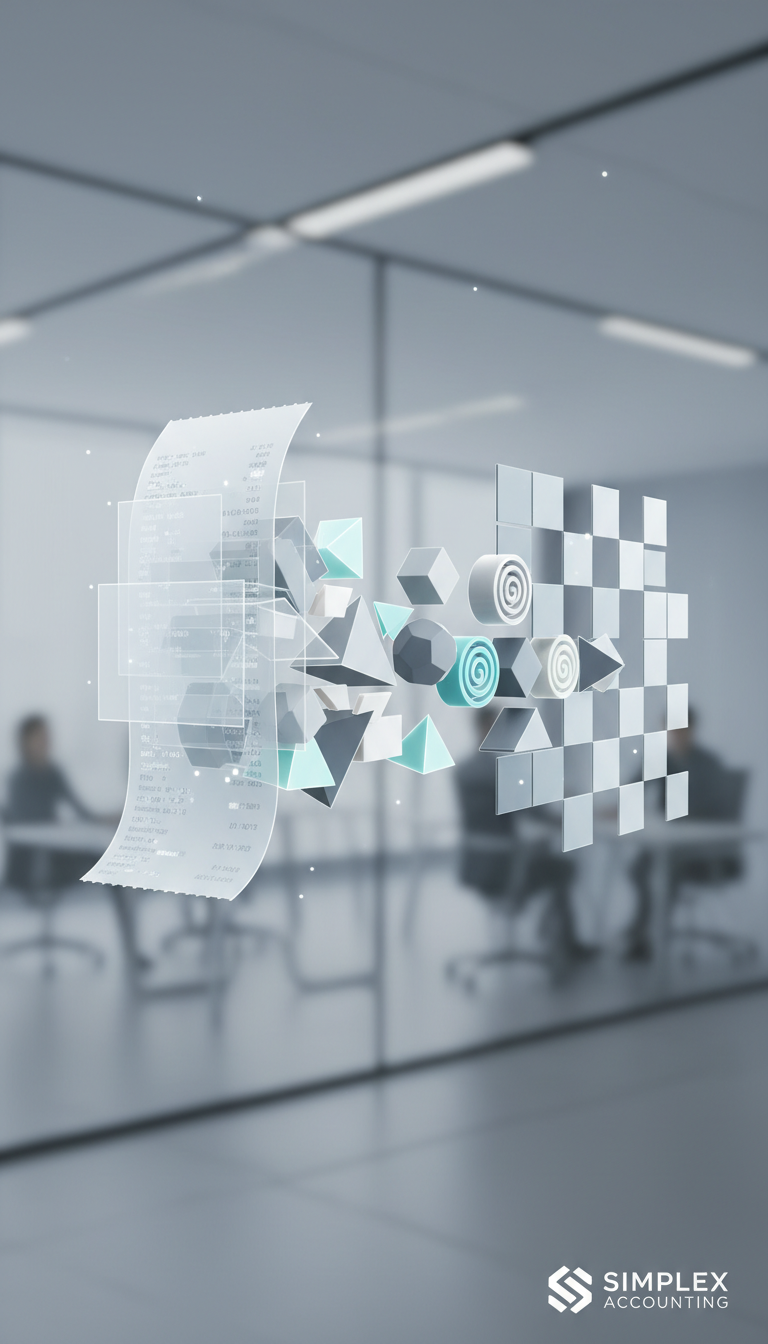 An elegant abstract visualization of a digital receipt seamlessly transformed into organized financial data, represented by smooth, interlocking geometric shapes in a palette of soft grays and muted blues. The elements align within a stylized, corporate-inspired grid layout, floating over a gently blurred, structured office background. Soft, even lighting creates subtle gradients and delicate shadows, adding depth and sophistication. The atmosphere is futuristic yet grounded, conveying clarity and simplification. Captured from an eye-level perspective with sharp focus on the geometric transformation, the digital-art execution reinforces the app’s promise of radically simplifying accounting for freelancers.