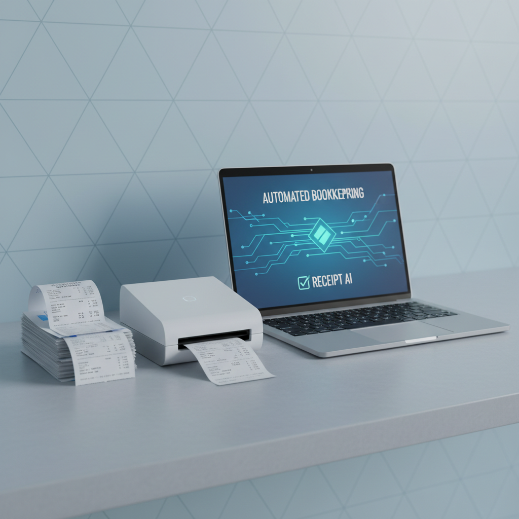 An organized workspace scene featuring a stack of crisp, paper receipts and a small scanner device positioned beside a laptop displaying automated receipt processing graphics. The setting is a tranquil, tidy desktop in cool neutral colors, accented by a subtle geometric pattern on the background wall. Cool, even ambient light ensures balanced exposure, highlighting the clean lines of each device. The overall composition employs the rule of thirds, drawing the eye naturally from the organized receipts toward the digital display. The mood is efficient, reassuring, and focused, with a clean digital-art finish that supports the concept of automated, AI-driven bookkeeping.